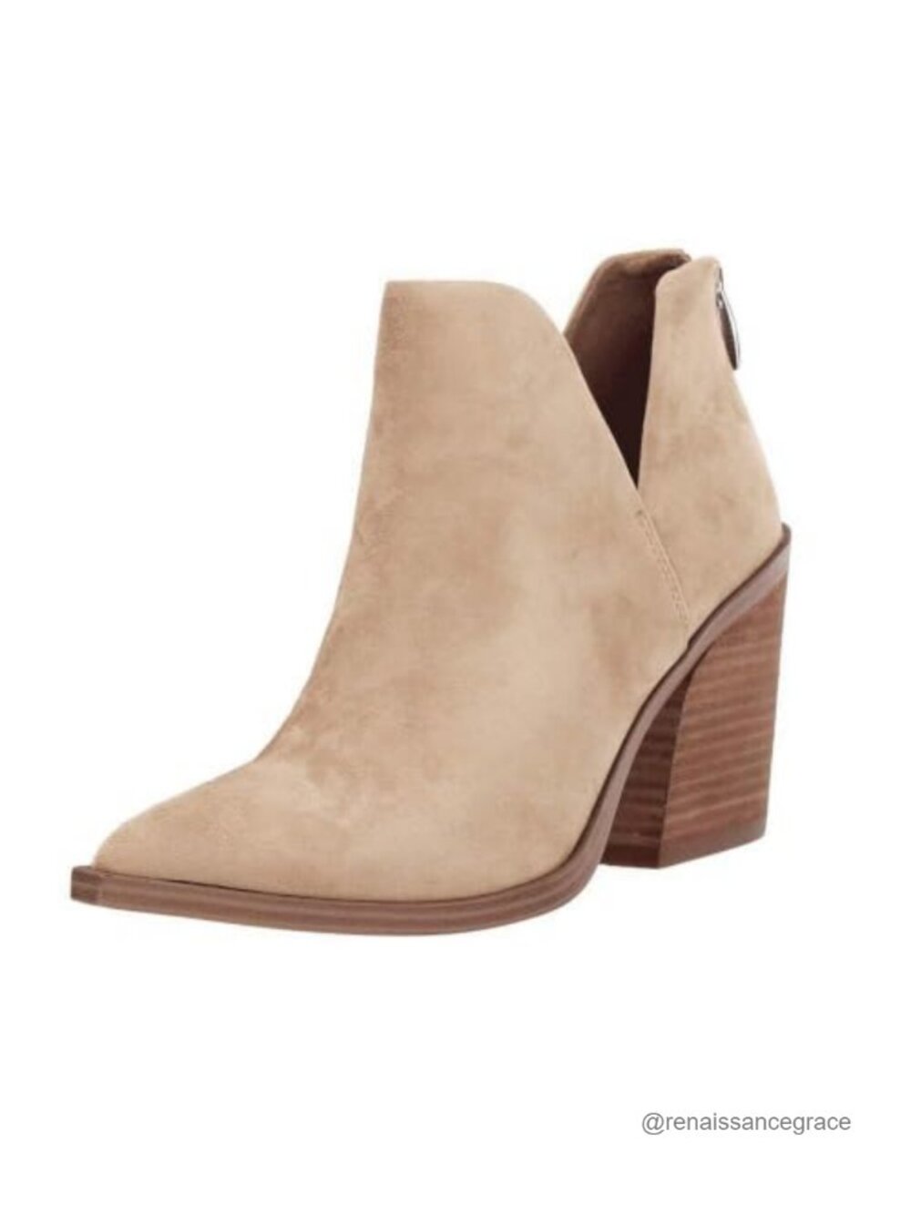 Womens Pointed Toe Stacked Heel Ankle Boots Faux Leather Back Zipper Bootie